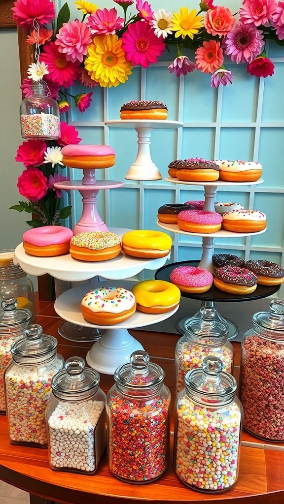 A colorful donut stand display with tiered stands, flowers, and jars of toppings.